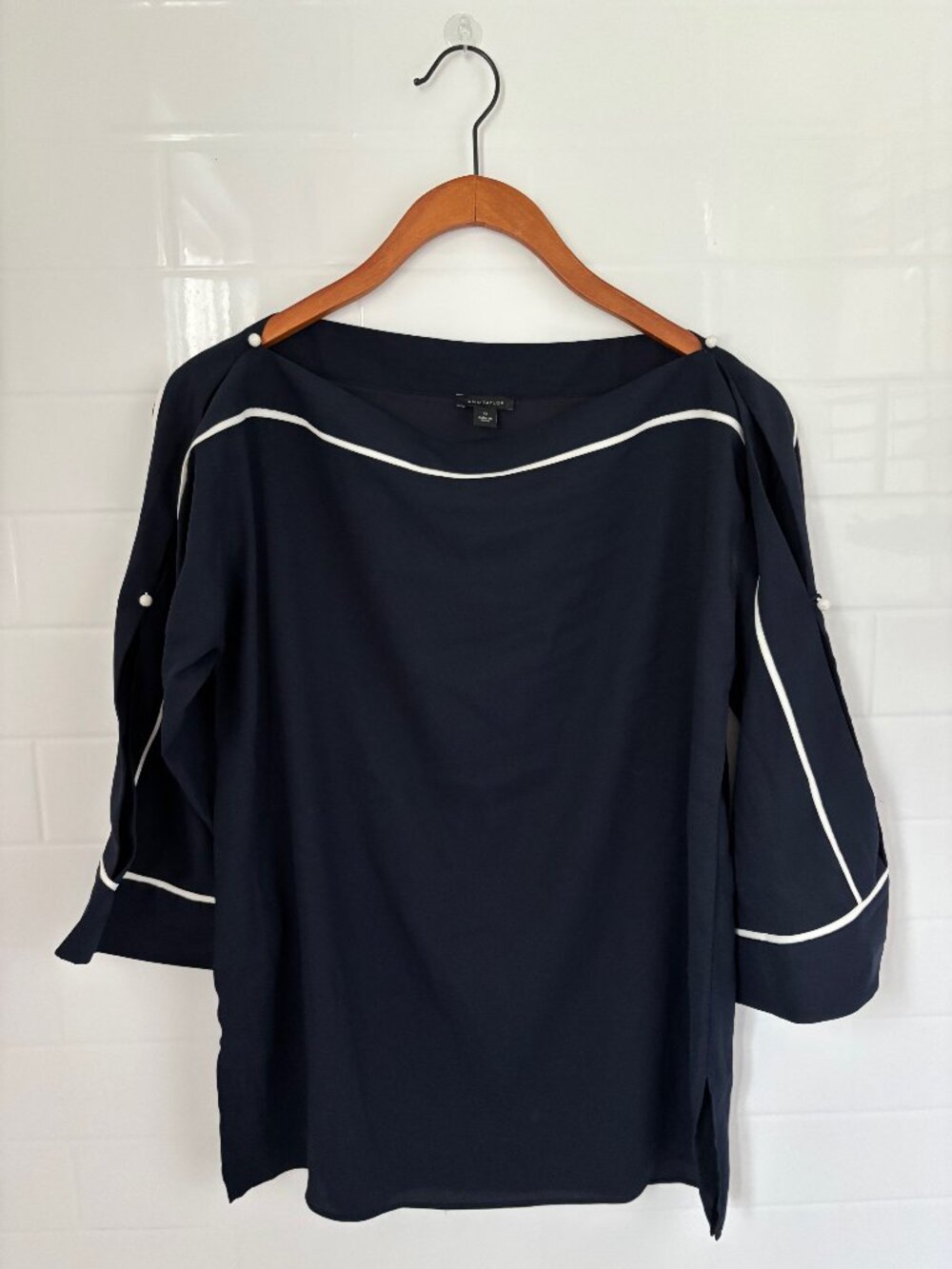 Anne Taylor Navy Blue Nautical Business Casual Top - Size XS